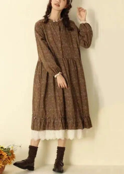 Beautiful Coffee Ruffled Print Pockets Patchwork Cotton Long Dresses Fall ML3370 -Ada Fashion Beautiful Coffee Ruffled Print Pockets Patchwork Cotton Long Dresses Fall Ada Fashion 171629726