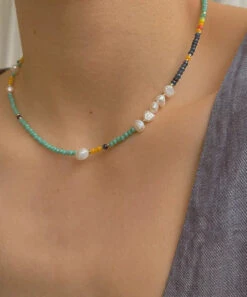 Beautiful Green Stainless Steel Overgild Pearl Crystal Necklace ML0280