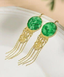 Beautiful Green Sterling Silver Tie Dye Round Tassel Jadeite Drop Earrings LY7822