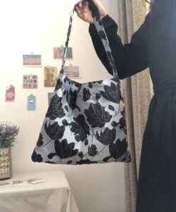 Beautiful Grey Flower Jacquard Square Spandex Satchel Handbag LY1790 -Ada Fashion Beautiful Grey Flower Jacquard Square Spandex Satchel Handbag3