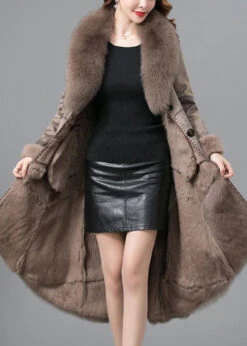 Beautiful Khaki Fox Collar Tie Waist Fuzzy Rabbit Leather And Fur Coats Winter LY9466 -Ada Fashion Beautiful Khaki Fox Collar Tie Waist Fuzzy Rabbit Leather And Fur Coats Winter4