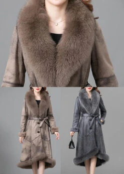 Beautiful Khaki Fox Collar Tie Waist Fuzzy Rabbit Leather And Fur Coats Winter LY9466 -Ada Fashion Beautiful Khaki Fox Collar Tie Waist Fuzzy Rabbit Leather And Fur Coats Winter5