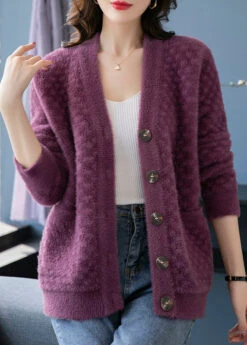 Beautiful Purple V Neck Pockets Patchwork Mink Hair Knitted Coats Fall LY9186