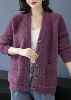 Beautiful Purple V Neck Pockets Patchwork Mink Hair Knitted Coats Fall LY9186 -Ada Fashion Beautiful Purple V Neck Pockets Patchwork Mink Hair Knitted Coats Fall3