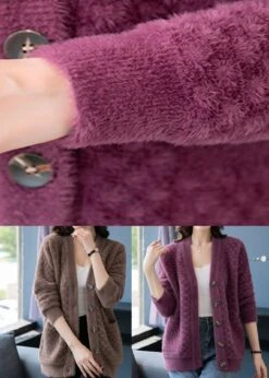 Beautiful Purple V Neck Pockets Patchwork Mink Hair Knitted Coats Fall LY9186 -Ada Fashion Beautiful Purple V Neck Pockets Patchwork Mink Hair Knitted Coats Fall5