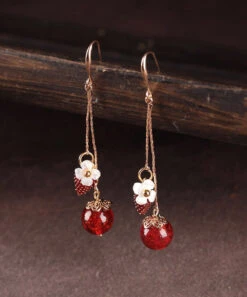 Beautiful Red Copper Cloisonne Cloured Glaze Strawberry Shell Flower Drop Earrings LY2255