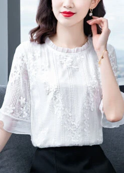 Beautiful White Ruffled Embroideried Patchwork Chiffon Blouse Tops Summer LY0434 -Ada Fashion Beautiful White Ruffled Embroideried Patchwork Chiffon Blouse Tops Summer3
