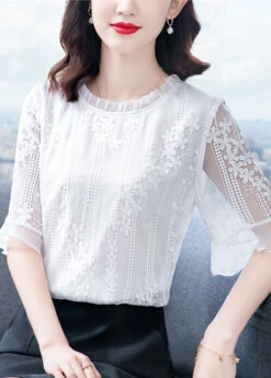 Beautiful White Ruffled Embroideried Patchwork Chiffon Blouse Tops Summer LY0434 -Ada Fashion Beautiful White Ruffled Embroideried Patchwork Chiffon Blouse Tops Summer4