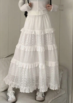 Beautiful White Ruffled Hollow Out Cotton Skirts Summer GH1091