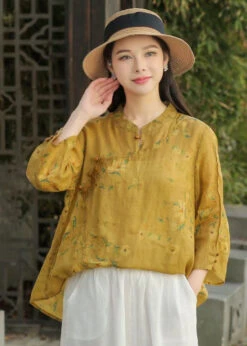 Beautiful Yellow Stand Collar Print Patchwork Linen Blouse Top Spring LY2498 -Ada Fashion Beautiful Yellow Stand Collar Print Patchwork Linen Blouse Top Spring4