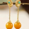 Beautiful Yellow Sterling Silver Overgild Beeswax Turquoise Drop Earrings LY8958