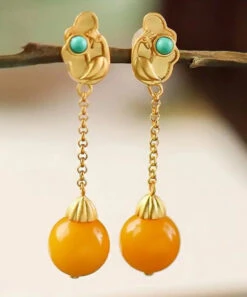 Beautiful Yellow Sterling Silver Overgild Beeswax Turquoise Drop Earrings LY8958