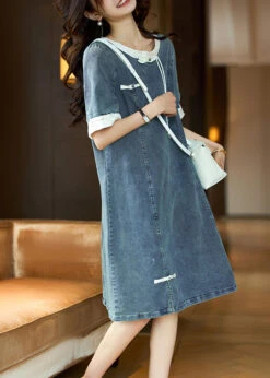 Beige Button Patchwork Denim Dress O Neck Short Sleeve GH1024 -Ada Fashion Beige Button Patchwork Denim Dress O Neck Short Sleeve4 95c58271 40ec 4096 9d72 1faac1a4b108