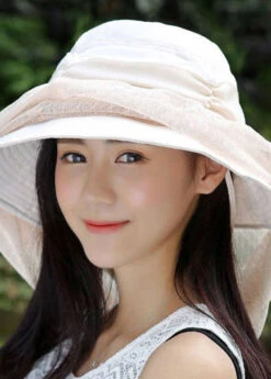 Beige Cotton Patchwork Tulle Wrinkled Bucket Hat LC0543 -Ada Fashion Beige Cotton Patchwork Tulle Wrinkled Bucket Hat3