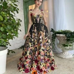 Floral Black Embroidered Lace Up Tulle Dress Sleeveless WW1058 -Ada Fashion Black