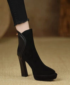 Black Boots High Heel Suede Splicing Zippered -Ada Fashion Black Boots High Heel Suede Comfy Classy Splicing Zippered Ada Fashion 173737022