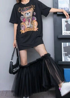 Black Cotton T Shirt Tops And Tulle Skirts Two Pieces Set O-Neck Wrinkled Summer LY3962