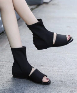 Black Fish Mouth Boots Elastic Fabric Fitted Splicing Rivet XC1046 -Ada Fashion Black Fish Mouth Boots Elastic Fabric Fitted Splicing Rivet3