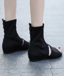 Black Fish Mouth Boots Elastic Fabric Fitted Splicing Rivet XC1046 -Ada Fashion Black Fish Mouth Boots Elastic Fabric Fitted Splicing Rivet5