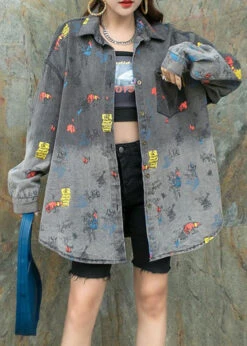 Black Grey Graphic Patchwork Denim Shirts Coat Peter Pan Collar Spring LY5219