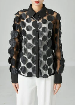 Black Hollow Out Tulle Blouse Tops Peter Pan Collar Summer LY2428