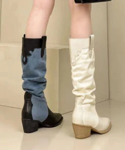 Black Long Boots Chunky Pointed Toe -Ada Fashion Black Long Boots Fashion Splicing Chunky Pointed Toe Ada Fashion 173734774