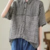 Black Plaid Patchwork Linen Blouse Top Oversized Summer LY5291