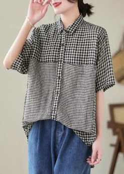 Black Plaid Patchwork Linen Blouse Top Oversized Summer LY5291