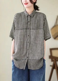 Black Plaid Patchwork Linen Blouse Top Oversized Summer LY5291 -Ada Fashion Black Plaid Patchwork Linen Blouse Top Oversized Summer3