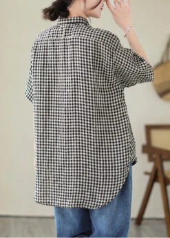 Black Plaid Patchwork Linen Blouse Top Oversized Summer LY5291 -Ada Fashion Black Plaid Patchwork Linen Blouse Top Oversized Summer4