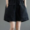 Black Pockets Patchwork Casual Linen Shorts Summer LY0206