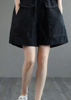 Black Pockets Patchwork Casual Linen Shorts Summer LY0206 -Ada Fashion Black Pockets Patchwork Casual Linen Shorts Summer3
