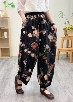 Black Print Silk Linen Lantern Pants Summer LY7556