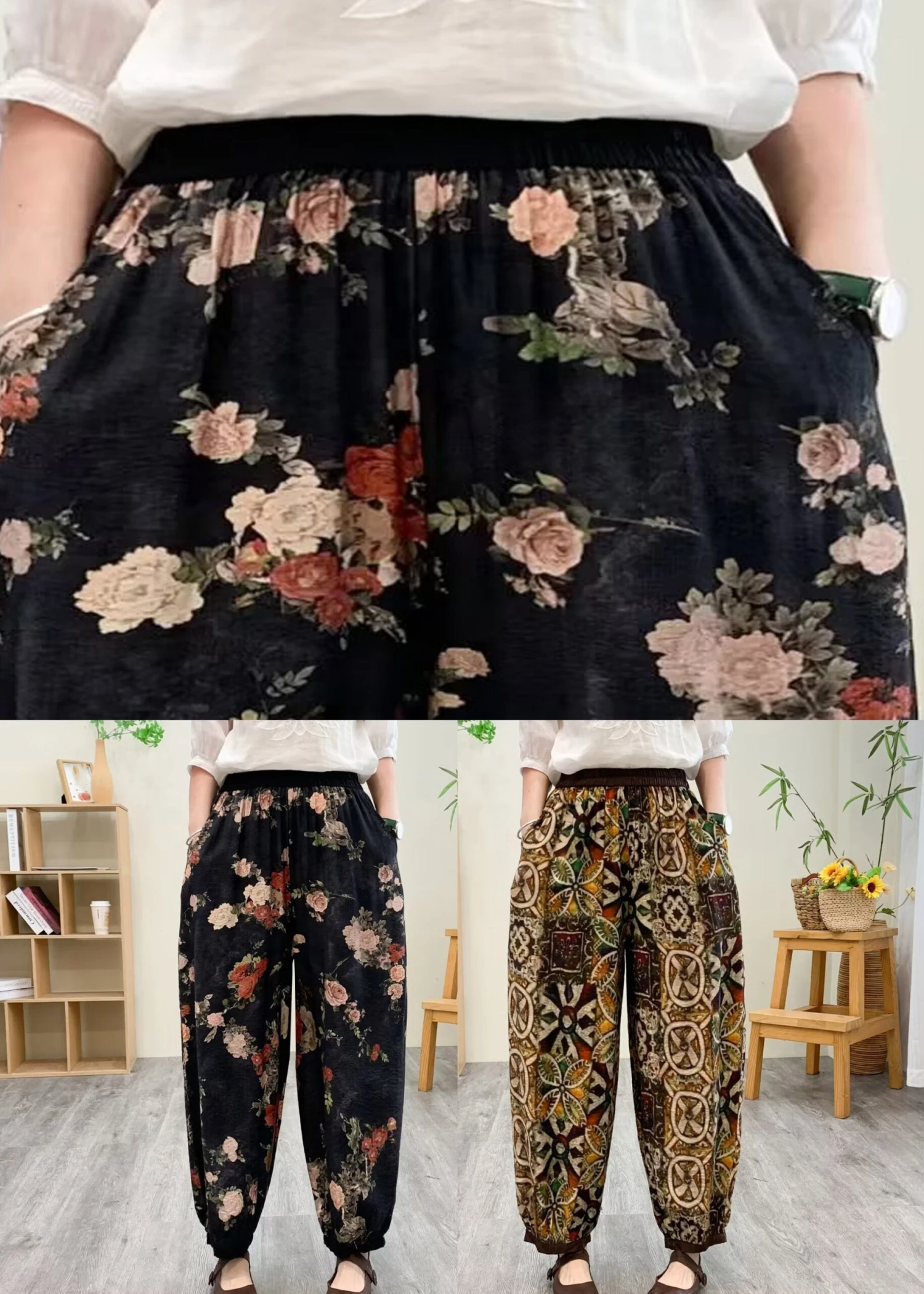 Black Print Silk Linen Lantern Pants Summer LY7556 7 Black Print Silk Linen Lantern Pants Summer LY7556 - Image 5