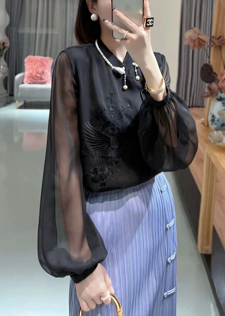 Black Solid Button Chiffon Blouses Stand Collar Lantern Sleeve QA1049 3 Black Solid Button Chiffon Blouses Stand Collar Lantern Sleeve QA1049