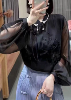 Black Solid Button Chiffon Blouses Stand Collar Lantern Sleeve QA1049 9 Black Solid Button Chiffon Blouses Stand Collar Lantern Sleeve QA1049 -Ada Fashion Black Solid Button Chiffon Blouses Stand Collar Lantern Sleeve3