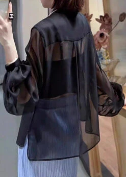Black Solid Button Chiffon Blouses Stand Collar Lantern Sleeve QA1049 10 Black Solid Button Chiffon Blouses Stand Collar Lantern Sleeve QA1049 -Ada Fashion Black Solid Button Chiffon Blouses Stand Collar Lantern Sleeve4