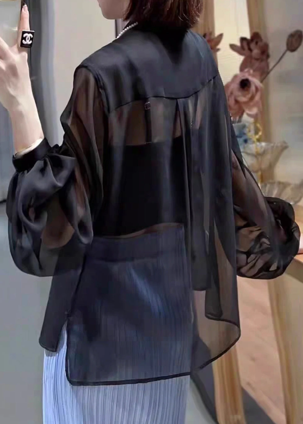 Black Solid Button Chiffon Blouses Stand Collar Lantern Sleeve QA1049 6 Black Solid Button Chiffon Blouses Stand Collar Lantern Sleeve QA1049 - Image 4