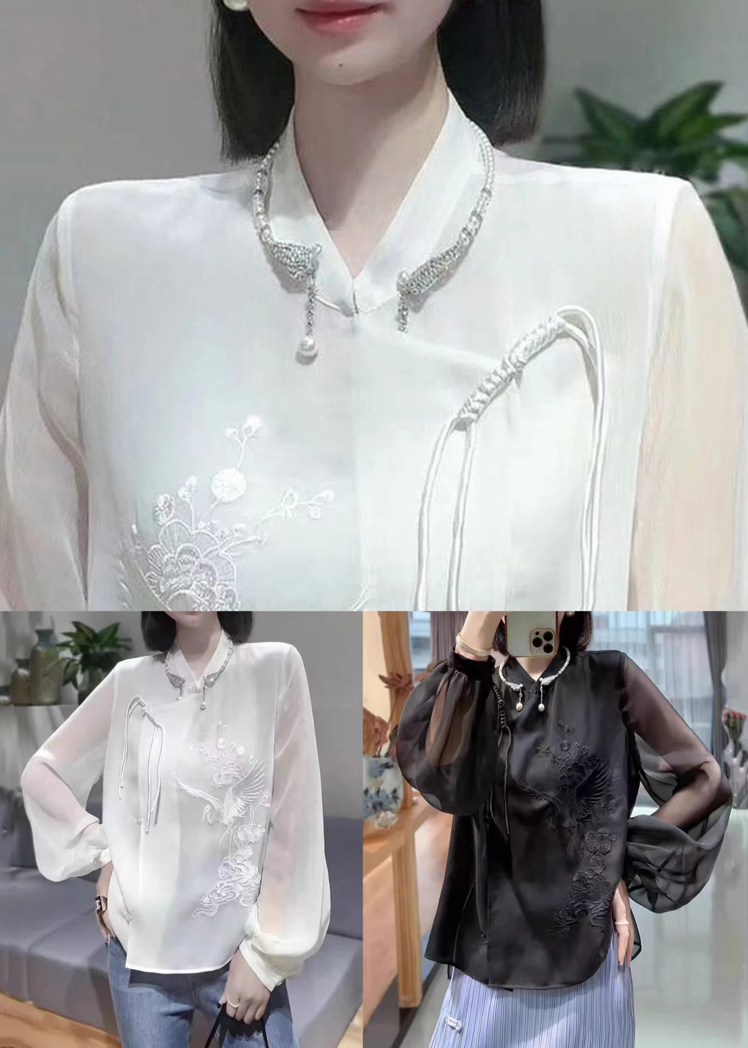 Black Solid Button Chiffon Blouses Stand Collar Lantern Sleeve QA1049 7 Black Solid Button Chiffon Blouses Stand Collar Lantern Sleeve QA1049 - Image 5