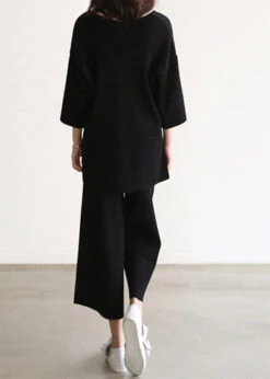Black Solid Knit Top And Wide Leg Pants Two Pieces Set Spring LY2078 -Ada Fashion Black Solid Knit Top And Wide Leg Pants Two Pieces Set Spring4