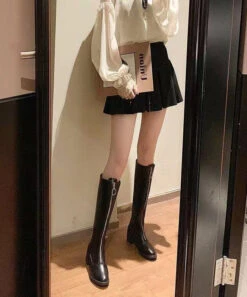 Black Zippered Cowhide Leather Boho Knee Boots LY4392 -Ada Fashion Black Zippered Cowhide Leather Boho Knee boots4