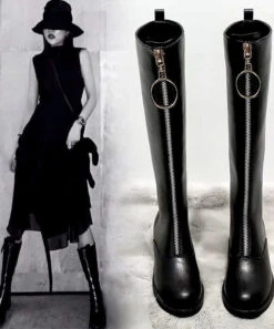 Black Zippered Cowhide Leather Boho Knee Boots LY4392 -Ada Fashion Black Zippered Cowhide Leather Boho Knee boots5