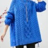 Blue Patchwork Knit Short Sweater Oversized Drawstring Winter LY9864