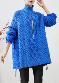 Blue Patchwork Knit Short Sweater Oversized Drawstring Winter LY9864