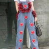 Blue Patchwork Spaghetti Strap Denim Jumpsuits Tulle Ruffled Heart Nail Bead Summer LY5230 -Ada Fashion Blue Patchwork Spaghetti Strap Denim Jumpsuits Tulle Ruffled Heart Nail Bead Summer1