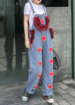 Blue Patchwork Spaghetti Strap Denim Jumpsuits Tulle Ruffled Heart Nail Bead Summer LY5230 -Ada Fashion Blue Patchwork Spaghetti Strap Denim Jumpsuits Tulle Ruffled Heart Nail Bead Summer4