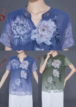 Blue Print Chiffon Blouse Tops V Neck Side Open Summer LY2341 -Ada Fashion Blue Print Chiffon Blouse Tops V Neck Side Open Summer5