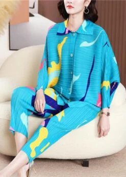 Blue Print Loose Two Piece Set Peter Pan Collar Wrinkled Batwing Sleeve LY2788