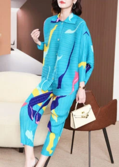 Blue Print Loose Two Piece Set Peter Pan Collar Wrinkled Batwing Sleeve LY2788 -Ada Fashion Blue Print Loose Two Piece Set Peter Pan Collar Wrinkled Batwing Sleeve3