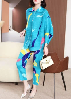 Blue Print Loose Two Piece Set Peter Pan Collar Wrinkled Batwing Sleeve LY2788 -Ada Fashion Blue Print Loose Two Piece Set Peter Pan Collar Wrinkled Batwing Sleeve4